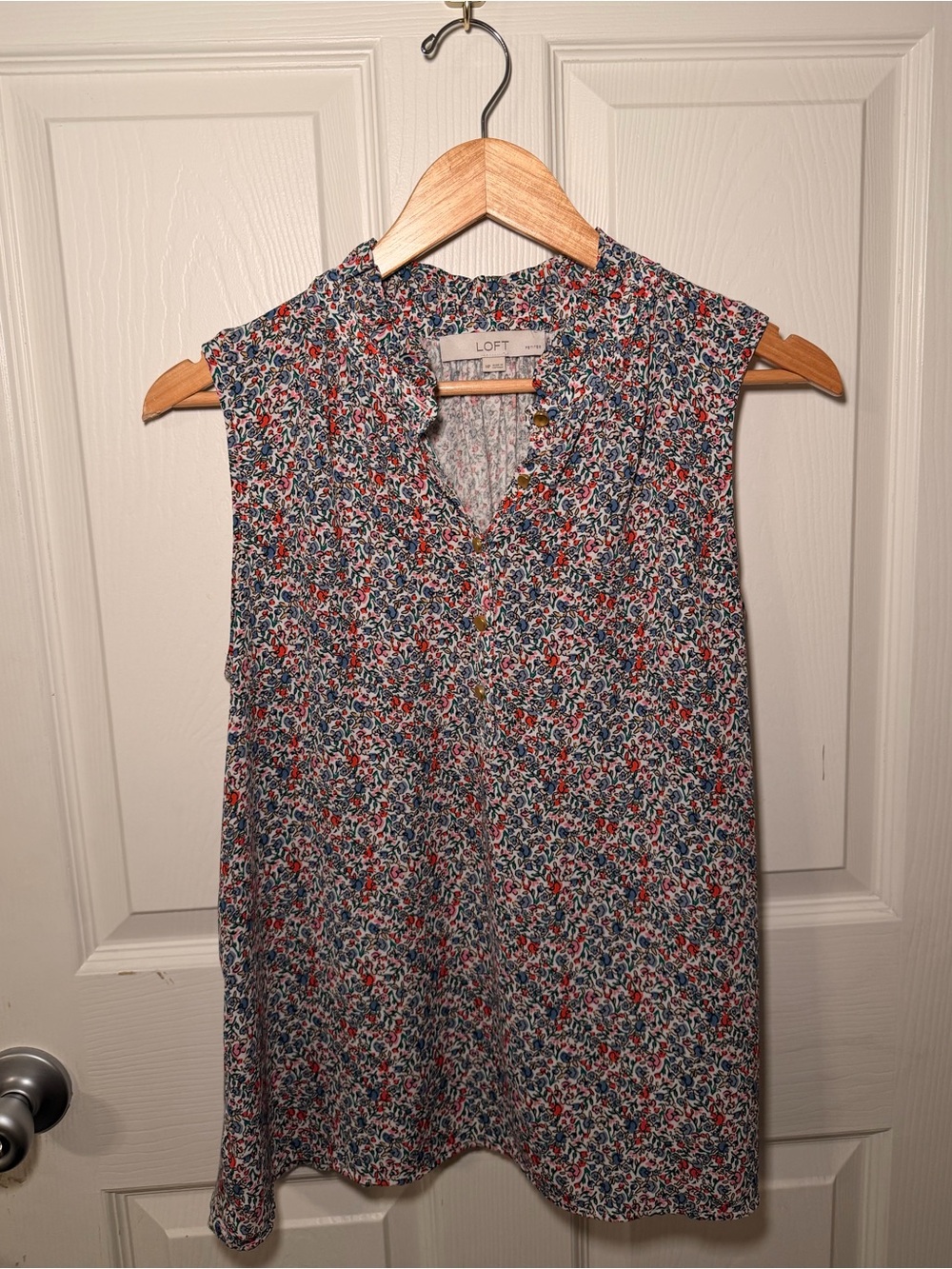 LOFT Floral Button-Front Blouse in Blue, Red & Pink